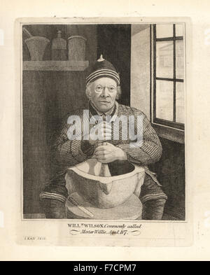 William Wilson oder Mörtel Willie, im Alter von 107. Von 1778 bis 1815 Boden er Drogen für fast jede Apotheke in Edinburgh. Kupferstich von John Kay von A Series of Original Portraits und Karikatur Radierungen, Hugh Paton, Edinburgh, 1842. Stockfoto