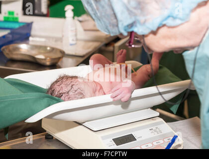 Neugeborenes Baby in seinem ersten ärztlichen Untersuchung nach Kaiserschnitt (c-Abschnitt) Delivery Model Release: Ja, (Kind, nicht Krankenschwester/Hebamme). Property Release: Nein. Stockfoto