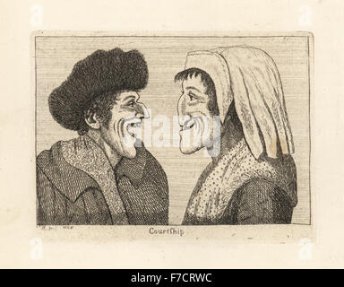 Karikatur des Werbens zwischen zwei Liebenden. Die Frau, basierend auf einer alten Frau, die an der Spitze der Canongate gelebt. Kupferstich von John Kay von A Series of Original Portraits und Karikatur Radierungen, Hugh Paton, Edinburgh, 1842. Stockfoto