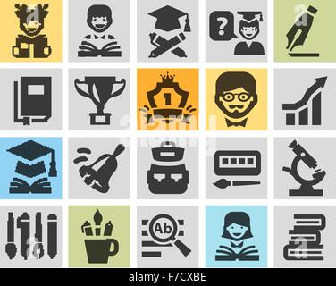 Schule, Hochschule, Bildung Set schwarze Symbole. Zeichen und Symbole Stock Vektor