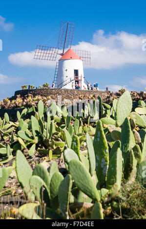 Menschen besuchen die weißen Windmühle auf einem Hügel im Jardin de Cactus, Lanzarote, vom Künstler César Manrique geschaffen Stockfoto