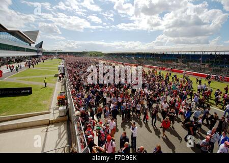 Britische Fans erobern die Schaltung um Lewis Hamilton-Sieg bei den 2014 British F1 Grand Prix in Silverstone zu feiern. Stockfoto