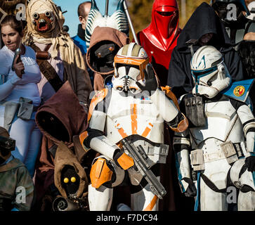 Barcelona, Spanien. 29. November 2015. Teilnehmer des 9. Star Wars Parade posieren für ein Familienfoto in ihren Kostümen vor Barcelonas Arc de Triomf Credit: Matthi/Alamy Live-Nachrichten Stockfoto