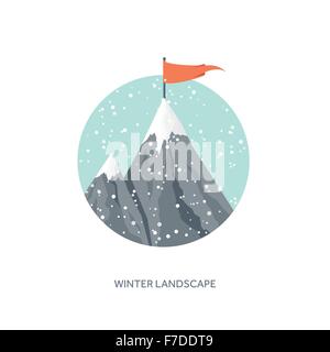 Vektor-Illustration. Winterlandschaft. Berge mit Schnee. Wohnung. Weihnachten, Neujahr. Saison. Stock Vektor