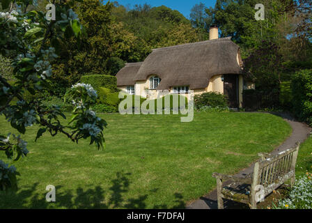 Reetdachhaus in das Dorf Selworthy auf der National Trust Holnicote Estate, Somerset, England, UK. Stockfoto