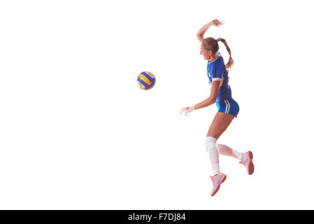 Volleyball-Frau springen und kick-Ball isoliert auf weißem Hintergrund Stockfoto