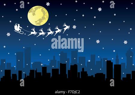 Santa mit Schlitten auf Night City fliegen Stock Vektor