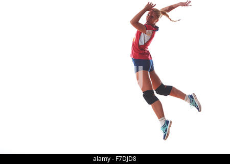 Volleyball-Frau springen und kick-Ball isoliert auf weißem Hintergrund Stockfoto