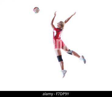Volleyball Spiel Sport mit Neautoful junges Mädchen Oslated Onver weißen Hintergrund Stockfoto