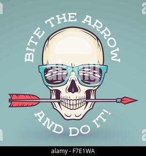 Hipster-Schädel mit Pfeil und Bogen Geek Sonnenbrille. Beißen die Pfeil-Idiom-t-Shirt. Cool Motivation Poster-Design. Bekleidung Shop-Logo-Label. Stock Vektor