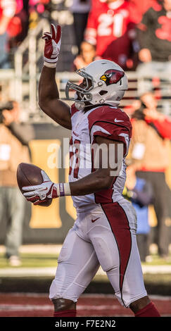 Santa Clara, Kalifornien, USA. 29. November 2015. Arizona Cardinals Runningback David Johnson (31) feiert Touchdown am Sonntag, 29. November 2015, Levis-Stadion in Santa Clara, Kalifornien. Die Cardinals geschlagen die 49ers 19-13. Al-Golub/CSM/Alamy Live-Nachrichten Stockfoto