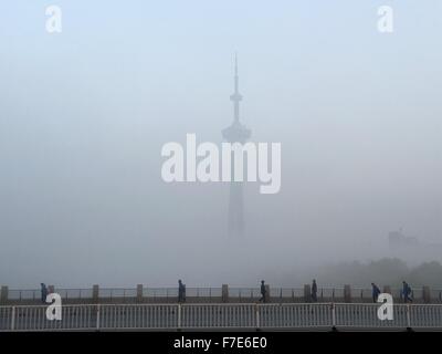 Nanjing. 30. November 2015. Foto aufgenommen am 30. November 2015 zeigt der Fernsehturm in Nanjing, der Hauptstadt der ostchinesischen Provinz Jiangsu. Bodennebel schlagen viele Teile von China am Montag. Bildnachweis: Xinhua/Alamy Live-Nachrichten Stockfoto