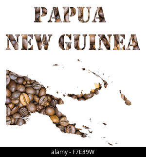 Gerösteten braunen Kaffeebohnen Hintergrund mit der Form des Wort Papua Neu-Guinea und den Land Landkarte-Umriss. IMAG Stockfoto