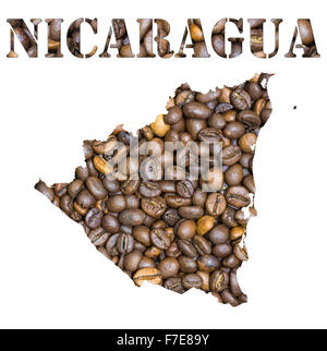 Gerösteten braunen Kaffeebohnen Hintergrund mit der Form des Wort-Nicaragua und dem Land Landkarte Umriss. Bild-isola Stockfoto