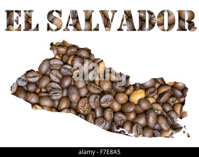 Braunen Kaffeebohnen Hintergrund mit der Form des Wortes El Salvador und der Land Landkarte Umriss. Bild iso Stockfoto