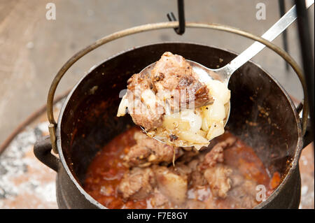 Lammcurry gekocht in einer traditionellen südafrikanischen Potjiekos, die "kleinen Topf Essen" in Afrikaans ist.  Durban-Südafrika Stockfoto