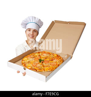 Köchin mit hausgemachte Pizza. Isoliert auf weißem Hintergrund Stockfoto