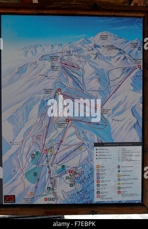 Karte von Valle Nevado Ski Routen und Pässe, Anden, Chile. Stockfoto