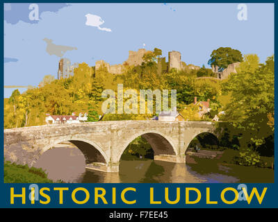 Ein Plakat Stil Illustration aus einem Foto von Ludlow Castle und Dinham Brücke im Herbst von Whitecliff, Shropshire, England Stockfoto