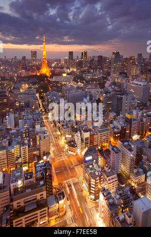 Die Skyline von Tokyo, Japan mit dem Tokyo Tower in der Dämmerung fotografiert. Stockfoto