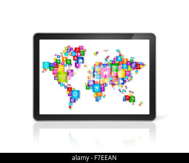 3D World Map Icons auf digitale Tablet PC gemacht. Cloud-computing-Konzept Stockfoto