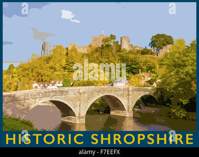 Ein Plakat Stil Illustration aus einem Foto von Ludlow Castle und Dinham Brücke im Herbst von Whitecliff, Shropshire, England Stockfoto