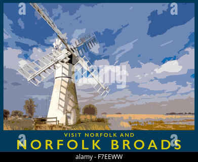 Ein Plakat Stil Auslegung des Thurne Dyke Dranage Mill, Thurne, The Broads National Park, Norfolk, England, UK Stockfoto