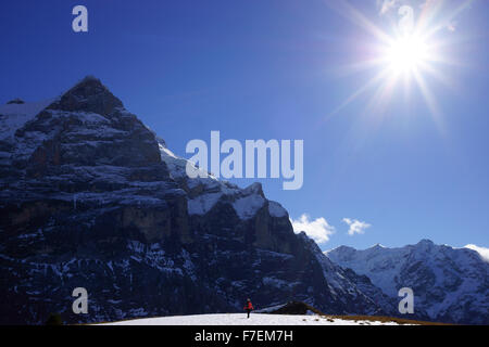 Wanderer auf Grosse Scheidegg über Grindelwald mit Mtns.Wetterhorn, Fiescherhorn, Berner Alpen, Spätherbst, Schweiz Stockfoto