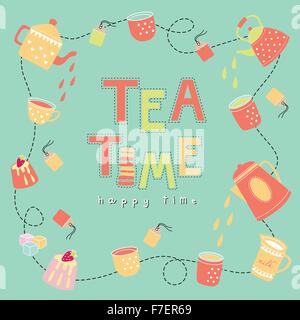 Tea-Time glückliche Zeit doodle Abbildung Pastellfarben Vektor auf Pastell Grün Hintergrund Teekanne, Teetasse, Teebeutel, Kuchen Stock Vektor