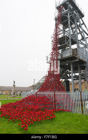 Die Kaskade von keramischen rote Mohnblumen in Woodhorn Bergbaumuseum in Erinnerung an erster Weltkrieg Soldaten Ashington Northumberland UK Stockfoto