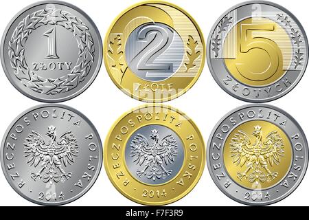 Eingestellte polnische Geld eins, zwei und fünf Złoty-Münzen Stock Vektor