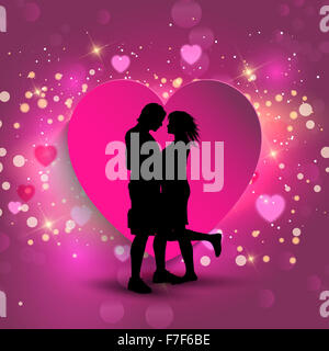 Silhouette von ein paar Küssen auf Herz Hintergrund Stockfoto