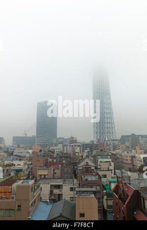 Skytree Turm eingehüllt in Nebel in Tokio, Japan Stockfoto