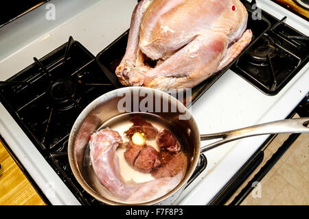 Eine Salz reiben brined Thanksgiving-Truthahn mit Innereien in einer Pfanne Stockfoto