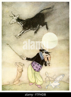 "Hey! Diddle, diddle, die Katze und die Geige! "von"Mother Goose - die alte Kinderreime"Illustration von Arthur Rackham (1867-1939). Siehe Beschreibung für mehr Informationen. Stockfoto