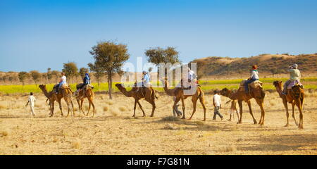 Kamel-Karawane-Safari-Tour mit Touristen in Thar-Wüste in der Nähe von Jaisalmer, Indien