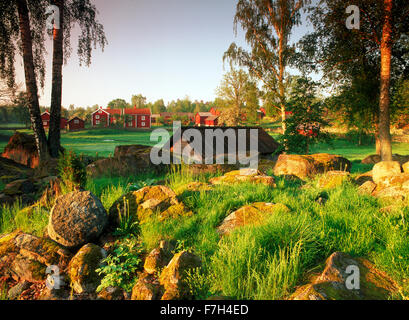 Traditionellen roten Bauernhäuser und Scheunen im Dorf von Stensjöby in Småland, Schweden Stockfoto