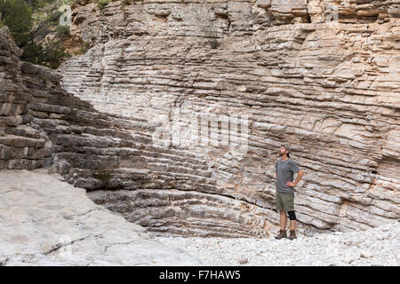 Des Wanderers Treppe aufsteigend eine natürliche Treppe in einem trockenen Bach, Guadalupe Mountains Nationalpark, Texas Stockfoto