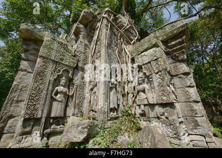 Skulpturen und Schnitzereien an den Dschungel Tempel Beng Mealea, Siem Reap, Kambodscha Stockfoto