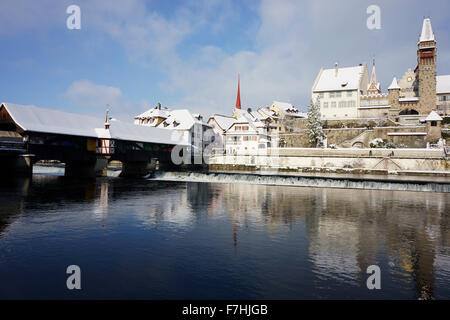 Bremgarten, Fluss Reuss, Winter, Aargau, Schweiz Stockfoto