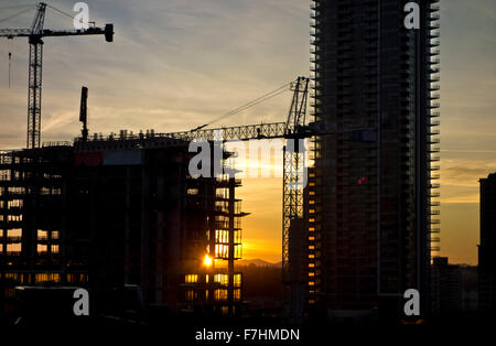 Silhouetten der Baukräne und Wohnungstürme im Bau in der Brentwood Mall Gegend von Burnaby, BC, Kanada. Fantastische Brentwood Ferienwohnungen. Stockfoto