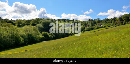 Das Tal des Charlcombe mit einer Person, die im Hintergrund laufen. Landschaft-Szene in der Nähe von Bad und referenziert von Jane Austen Stockfoto