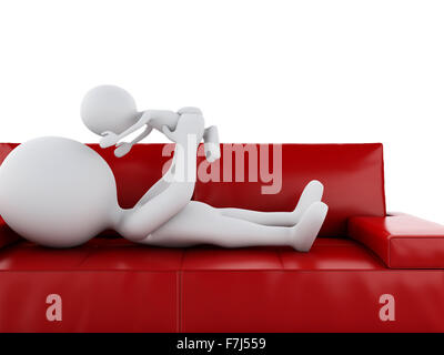 3D Renderer Bild. Vater mit Baby als auf Sofa spielen. Stockfoto