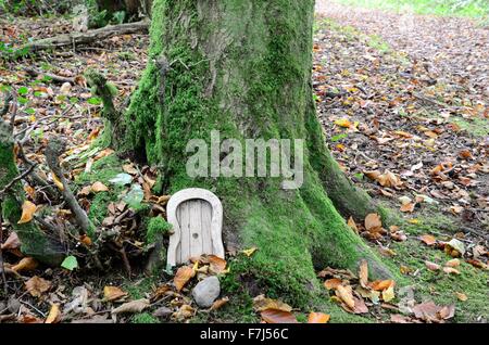 Fee-Tür am Fuße eines Baumes im Wald Carmarthenshire Wales Cymru UK GB Stockfoto