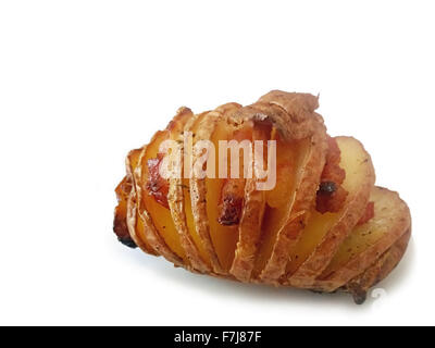 Hasselback oder schwedische Kartoffeln mit Speck und Zwiebeln, gewürzt mit Kräutern auf weißem Hintergrund, flachen Fokus Stockfoto