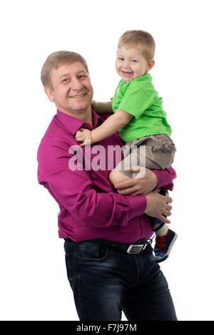 Porträt eines Vaters und drei Jahre alten Sohn im Studio. Isolieren Sie auf weiß. Stockfoto