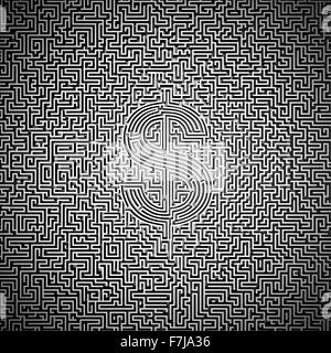 Ultimative Dollar Labyrinth / 3D-Render des Riesen-Labyrinth mit Dollar-Symbol im Zentrum Stockfoto