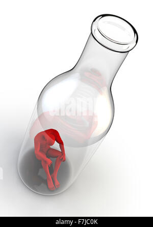 Leben in der Flasche / Alkoholismus Konzept mit traurigen männliche Figur sitzt am unteren Rand einer Flasche Stockfoto