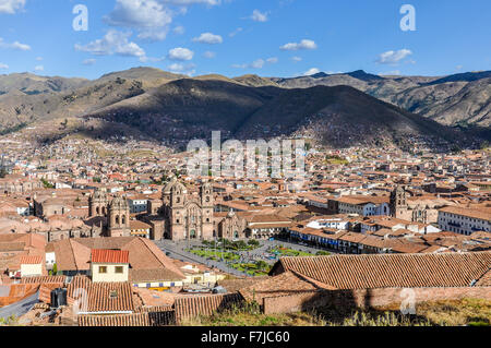 Luftaufnahme des Hauptplatzes in der Hauptstadt der Inkas, Cusco, Peru Stockfoto