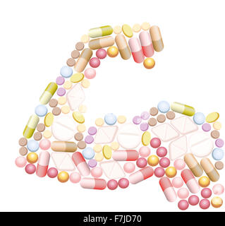 Doping - Anabolika, Pillen und Kapseln, prägen den Bizeps einen muskulösen Arm. Stockfoto